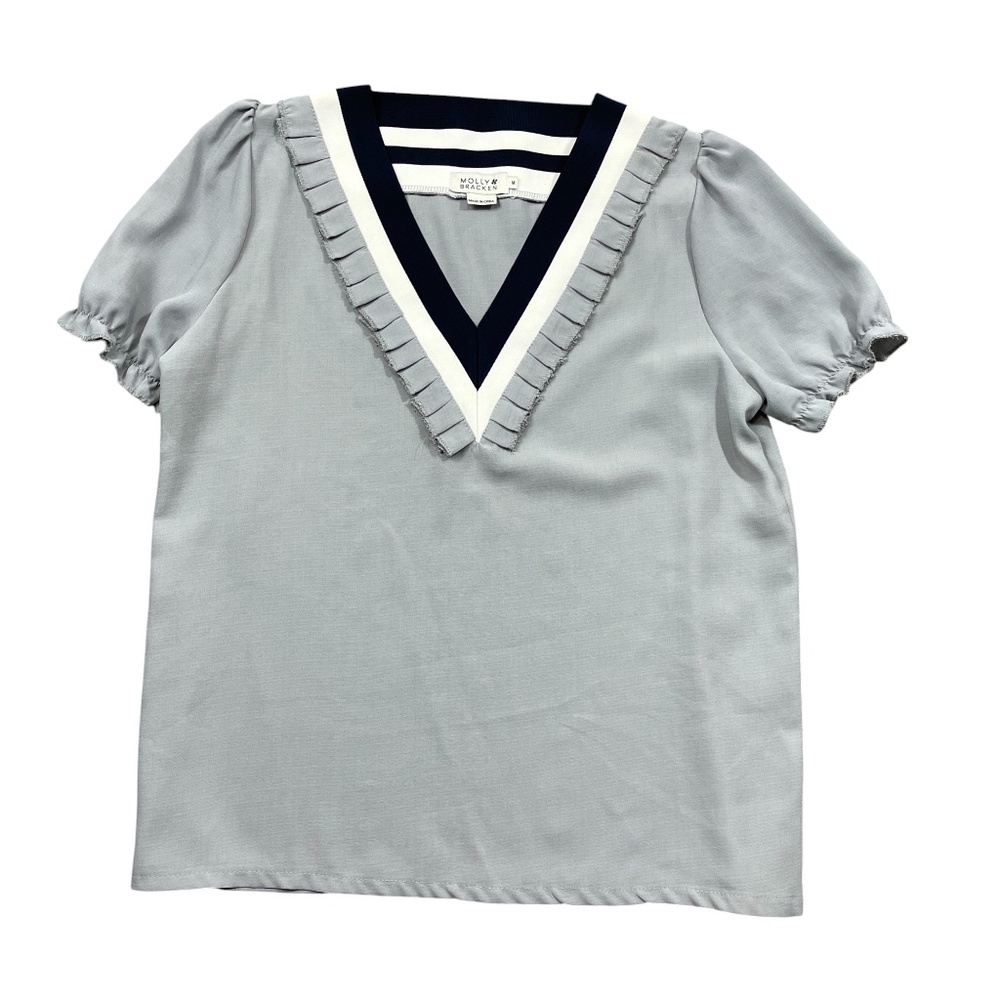 Molly Bracken Medium Grey White Navy V Neck Poof Sleeves Short Sleeve